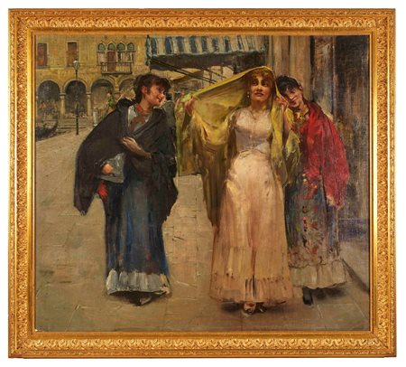 Ettore Tito (Castellammare di Stabia, 15/12/1859 - Venezia, 26/06/1941) "Donne a Campo dei S.S. Apostoli" Olio su tela Cm 83x93,5