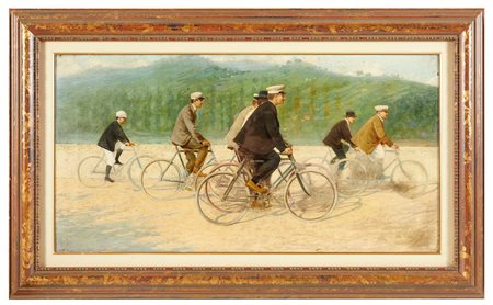 Alberto Fabbi (Bologna, 1858 - Bologna, 1906) "Ciclisti"  Cm 39x74
