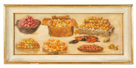 Novo Stefano (Cavarzere, 1862 - Cavarzere, 1927) "Frutta" Olio su tela Cm 21,5x57,5