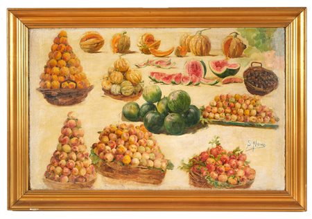 Novo Stefano (Cavarzere, 1862 - Cavarzere, 1927) "Frutta" Olio su tela Cm 39,5x61