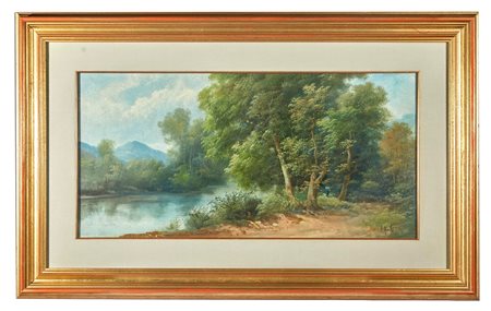 Henry Markó (Firenze, 1855 - Lavagna, 1921) "Paeseggio" Olio su tela Cm 33x68,5