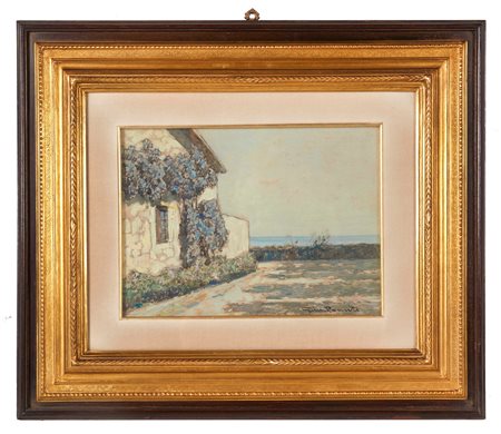 Gino Romiti (Livorno, 05/05/1881 - Livorno, 19/09/1967) “Paesaggio al mare” Olio su tavola Cm 20x28
