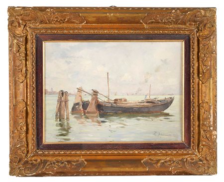 Alberto Giacomazzi (Venezia, 1890 - Bologna, 1969) “Barche da carico in laguna” 1942Olio su tela Cm 27x37