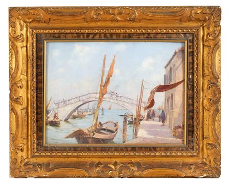 Alberto Giacomazzi (Venezia, 1890 - Bologna, 1969) “Il ponte Vigo a Chioggia" 1936Olio su tavola Cm 27x36