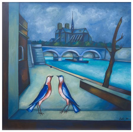 Eolo Costi (1938 - 2007)
Paesaggio con Notre dame e coppia di uccelli, 1990
