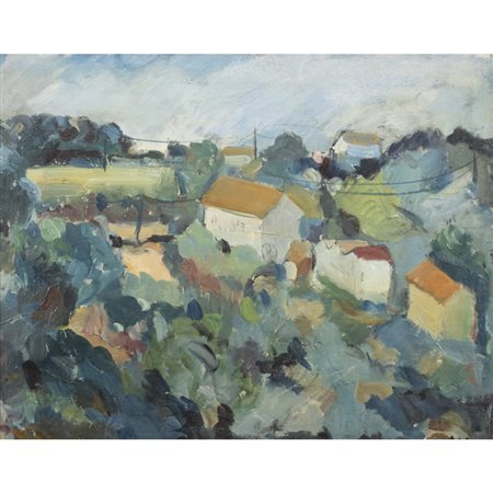 Sante Monachesi (Macerata 1910 - Roma 1991) "Paesaggio con case" 1951 40x49,5...