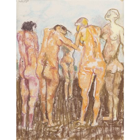 Fausto Pirandello (Roma 1899 - 1975) "Bagnanti" 27,5x21,5 cm. pastelli su...