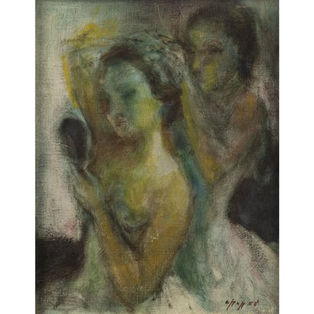 William Apap (La Valletta 1918 - Roma 1970) "Due donne" 1958 42x34 cm. olio...