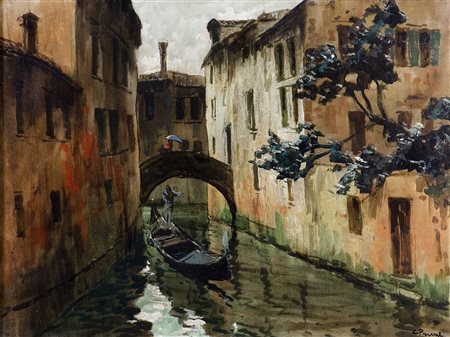 Cosimo Privato (1899-1971) Senza titolo (Canale di Venezia con barche) Olio...