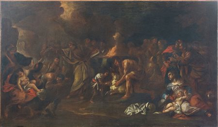 Artista XVII sec. Scena biblica, sec. XVII Olio su tela di lino cm 85,5x147,2...