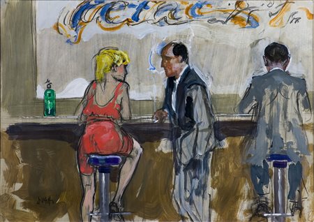 Alberto Sughi (1928-2012) Al bar Olio su carta cm 48x68 Firma in basso a...