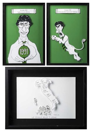 "L'Italia e le Leghe" tre cartoncini in 3D in cornice