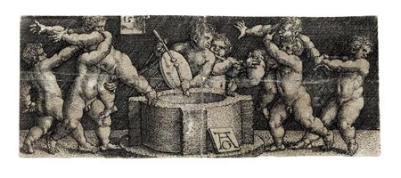 Heinrich Aldegrever, Otto putti attorno a un pozzo. 1539. Bulino. mm 36x93....