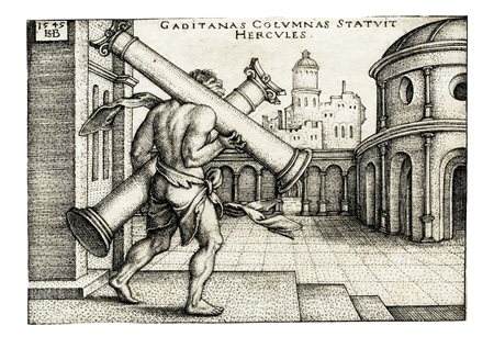 Hans Sebald Beham, Ercole trasporta le colonne gaditane. 1545. Bulino. mm...