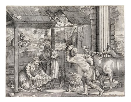 Luca Bertelli [excudit], Adorazione dei pastori. 1580 ca. Bulino. mm 392x500....