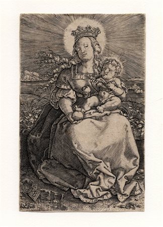 Jacob Binck, Madonna col Bambino su una proda erbosa. 1520-1569. Bulino. mm...