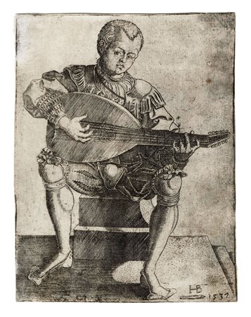 Hans Brosamer, Il suonatore di liuto. 1537. Bulino. mm 138x107. Bartsch,...