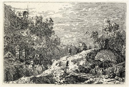 Antonio Canal (detto il Canaletto), Paesaggio alpestre con cinque ponti....