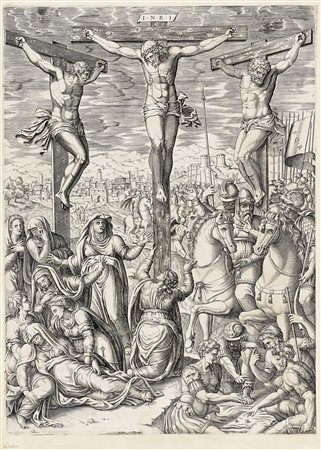 Giovanni Battista de' Cavalieri [attribuito a], Cristo sulla croce tra i due...