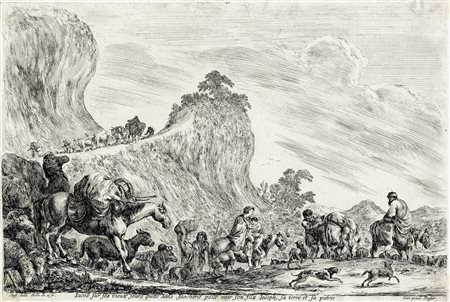 Stefano Della Bella, Il viaggio di Giacobbe in Egitto. 1645. Acquaforte. mm...