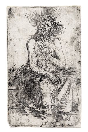 Albrecht Dürer, Cristo uomo dei dolori, seduto. 1515. Acquaforte su lastra di...