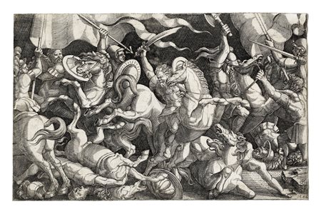 Hans Sebald Lautensack, Scena di battaglia. 1546. Bulino. mm 202x316....