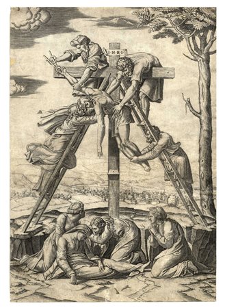 Marcantonio Raimondi, La discesa dalla croce. 1520-1525 ca. Bulino. mm...