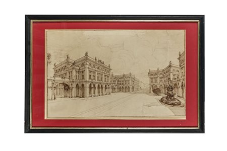 Anonimo della prima metà del XIX secolo, Prospettiva di piazza con fontana....