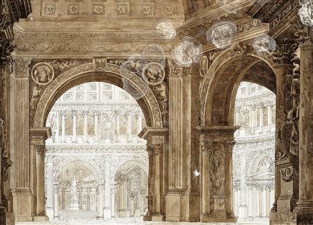 Carlo Zucchi, Prospettiva all’antica con ingresso a edificio con statue e...