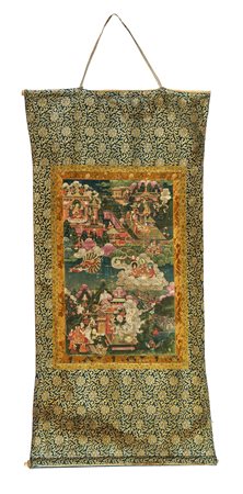 Tibet, XIX secolo, Thangka raffigurante l'apparizione di Tsongkhapa a Kedrup....