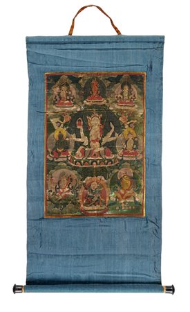 Tibet, XIX secolo, Thangka con Pancha Raksha. Tempera su tela. mm 710x445....