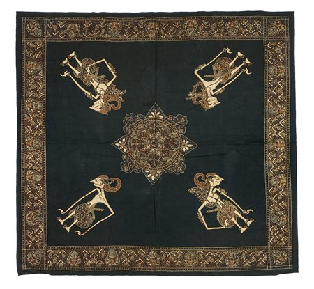 Java, prima metà XX secolo, Tre batik e due pannelli dipinti Wayang Kulit....