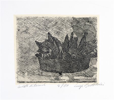 Luigi Bartolini, Cestello di boccioli/Genziane controluce. 1912. Acquaforte...
