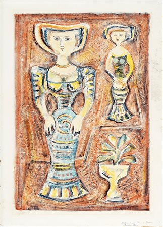 Massimo Campigli, Donne e fiori. 1957. Litografia. mm 575x390. Foglio: mm...