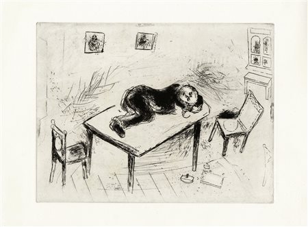 Marc Chagall, Tchitchikov couchait au bureau. 1923-27. Acquaforte. mm...
