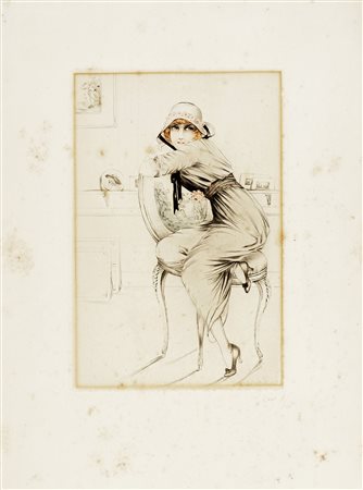 Louis Icart [cerchia di], Donna seduta. Acquaforte a colori. mm 380x250....