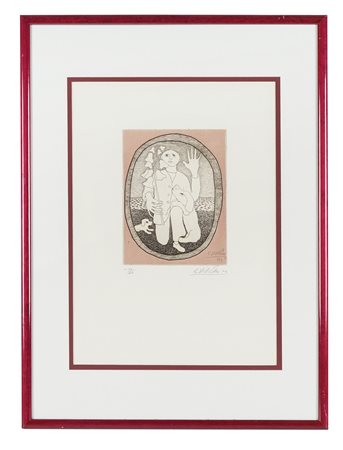 Giuseppe Viviani, Uomo, fiori e cane. 1963. Acquaforte. mm 236x177. Foglio:...
