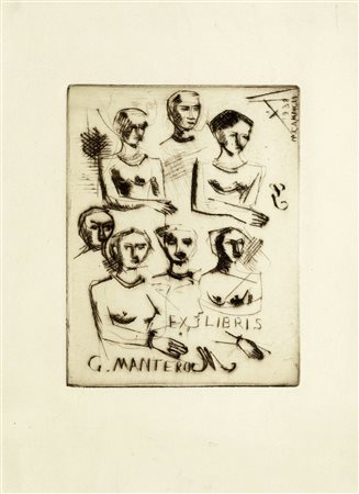 Massimo Campigli, Ex libris Gianni Mantero. 1938. Acquaforte e puntasecca. mm...