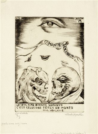 Alberto Martini, Ex libris per G. Mantero. 1939. Puntasecca. mm 138x98....