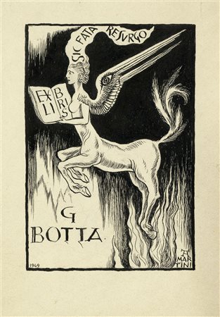 Alberto Martini, Lotto composto di un disegno originale per ex libris e della...