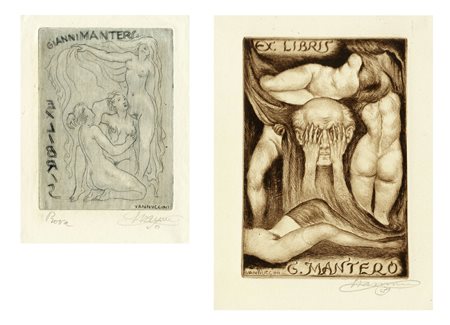 Enrico Vannuccini, Lotto composto di 8 ex libris Botta e Mantero. 1938-1939....