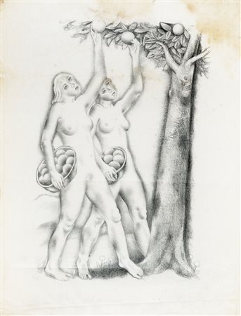 Michel Fingesten, Le raccoglitrici di mele. 1933. Algrafia su carta Japon. mm...