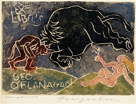 Michel Fingesten, Ex Libris Geo O' Flanagan. 1940 ca. Linoleografia. mm...