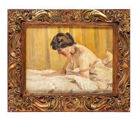 Mary Cassatt [scuola di], Donna sul letto. Olio su cartone. cm 25,5x32....