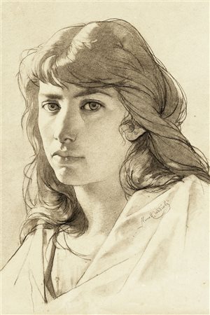 Amos Cassioli, Volto di giovane ragazza. Carboncino e acquerello su carta...