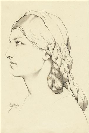 Amos Cassioli, Volto di ragazza di profilo. Carboncino e acquerello su carta....