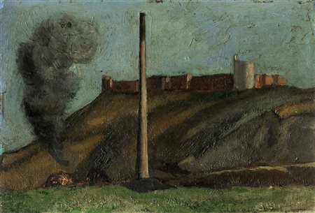 Emanuele Cavalli, Paesaggio con canna fumaria. Olio su tavoletta. cm...