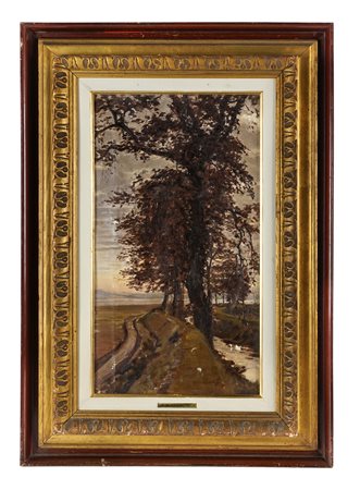 Eugenio Cecconi, Scorcio con ruscello e albero. Olio su tela. cm 63,5x35,6....