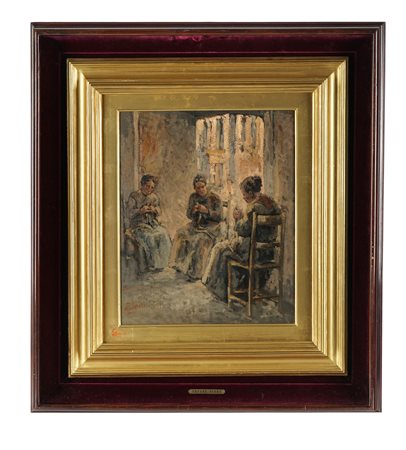 Cesare Ciani, Le Trecciaiole. Olio su cartone. cm 33x27,4. Firmato in basso a...
