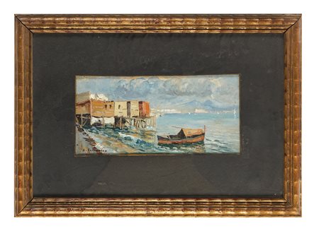 Alphons Hollaender, Posillipo. 1901. Olio su cartone spesso. cm 14,2x30,6....